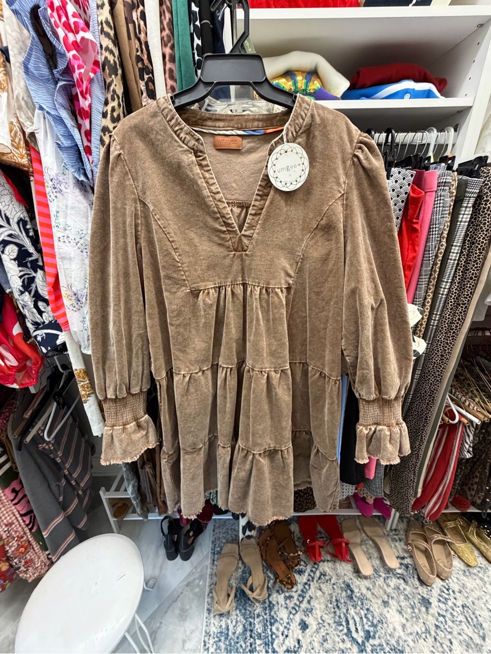 Umgee Mineral Wash Corduroy Tiered Babydoll Dress – Brown – NWT, 1X